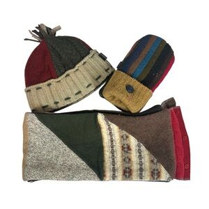 BAABAAZUZU Wool Multi-Color Patchwork Mixed Media Hat Mittens and Scarf Set